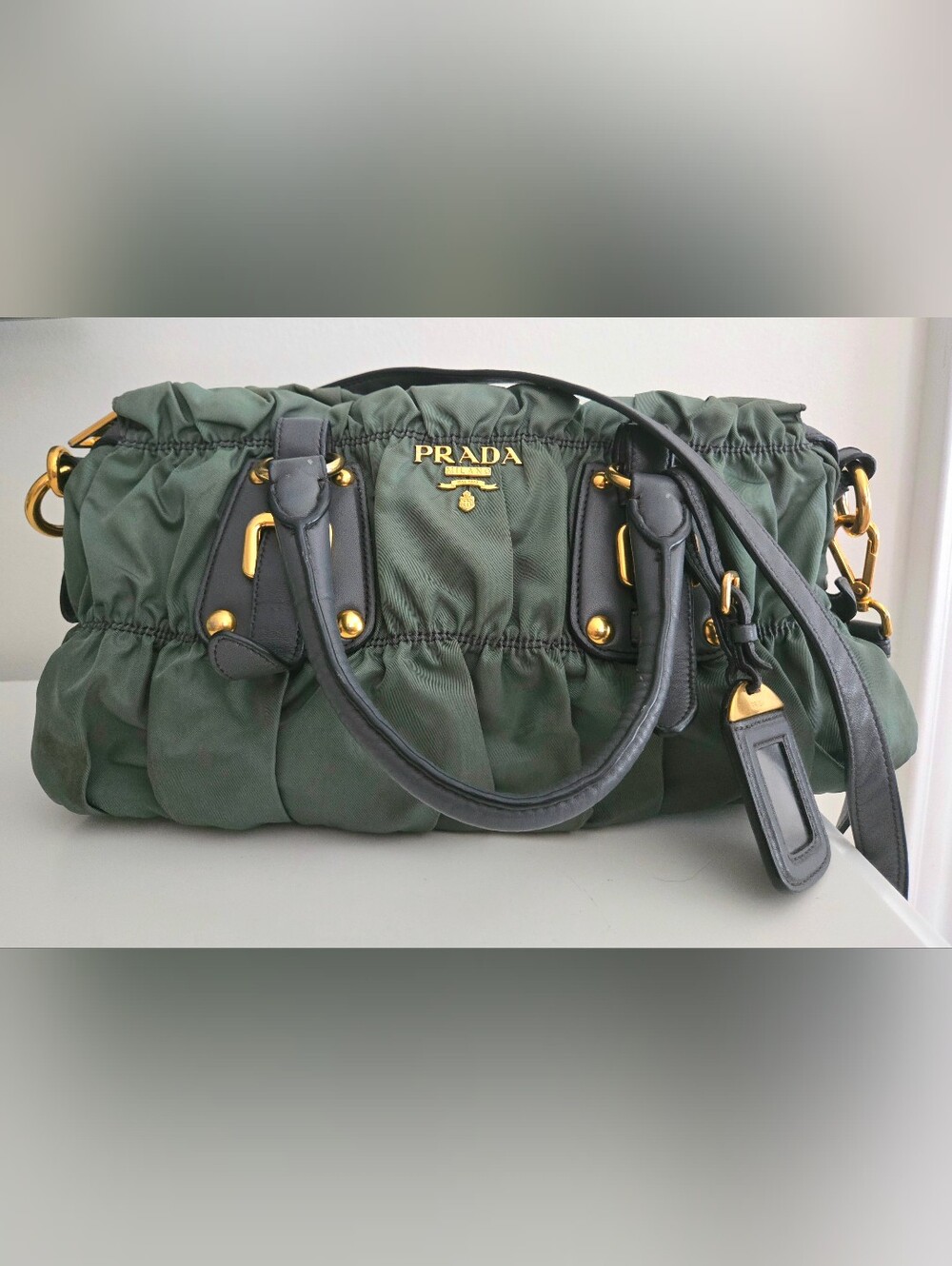 Authentic PRADA Vintage Olive Green Tessuto Gaufre Ruched Nylon Satchel Bag